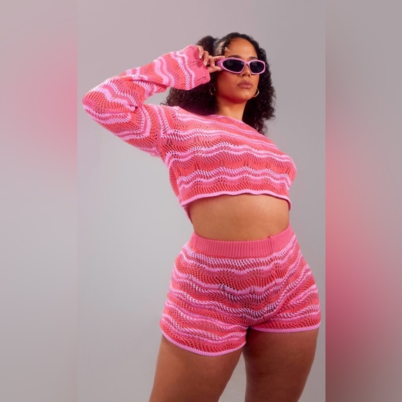 PLT Plus Pink Crochet Oversized Sweater and Contrast Runner Shorts Size 18 - Picture 6 of 7